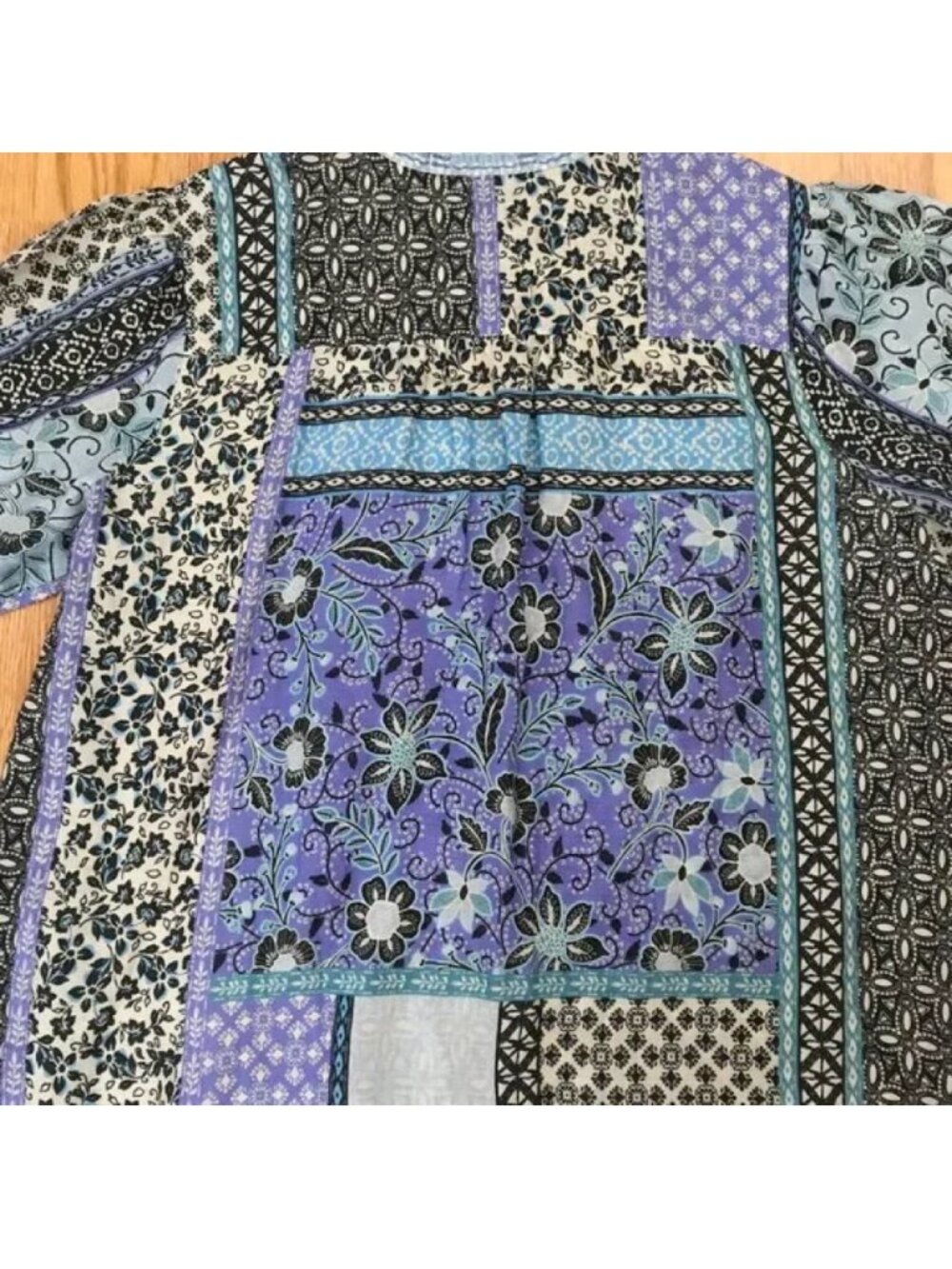 Johnny Was Workshop Embroidered Floral Blue Patchwork Blouse XL - Picture 9 of 10